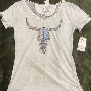 Cowgirl Tuff White Bull Skull Tee